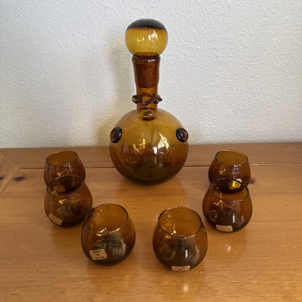 Vtg MCM Spanish Glass Decanter 6 Roly Poly Tumblers Cordial Set Rosettes Amber‎